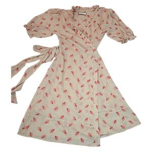 JOSA Tulum Wrap Dress‎ One Size Beige Coral Seashell Print Boho Resort Whimsical